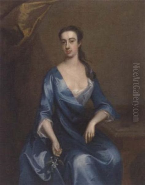 Portrait Of Miss Shafto In A Blue Dress Holding A Sprig Of Orange Blossom In Her Right Hand Oil Painting by Michael Dahl