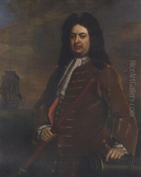 Portrait Of Admiral Sir Thomas Hardy With A Telescope In His Right Hand, His Left Hand Resting On A Cannon, His Ship Beyond Oil Painting by Michael Dahl