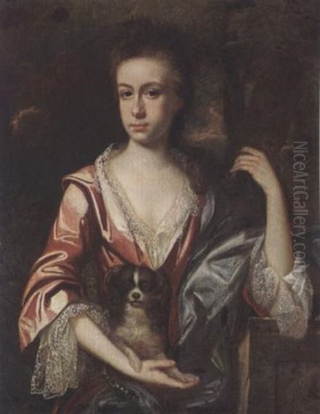 A Portrait Of A Young Lady Wearing A Pink Satin Dress With A White Lace Chemise And A Blue Shawl, Holding A Dog On Her Arm, In A Park Setting Oil Painting by Michael Dahl