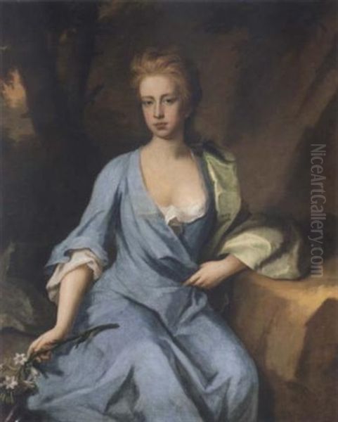 Portrait Of Miss Campbell, (daughter Of Archibald Campbell, 1st Duke Of Argyll?) Seated In A Landscape, Wearing A Blue Dress, Holding A Flower Cutting In Her Right Hand Oil Painting by Michael Dahl