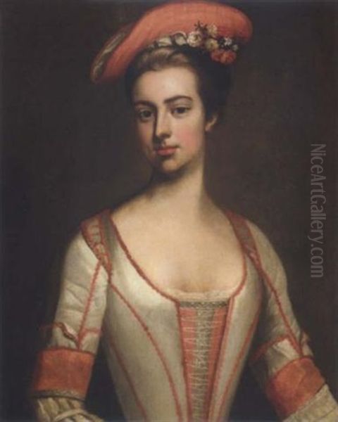 Portrait Of Henrietta Hobart, Countess Of Suffolk, Wearing A Red And Cream Dress With A Red Bonnet Oil Painting by Michael Dahl