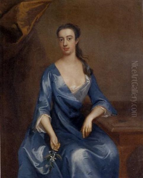 Portrait Of Miss Shafto, Seated, In A Blue Dress Holding A Sprig Of Orange Blossom In Her Right Hand Oil Painting by Michael Dahl