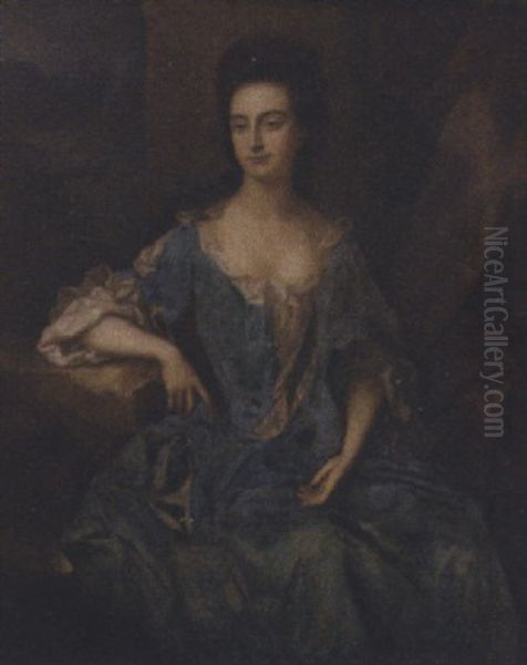 Portrait Of A Lady, Mrs. Levinz (?), Seated In A Blue Dress, Her Right Arm Resting On A Ledge, A Wooded Landscape Beyond by Michael Dahl