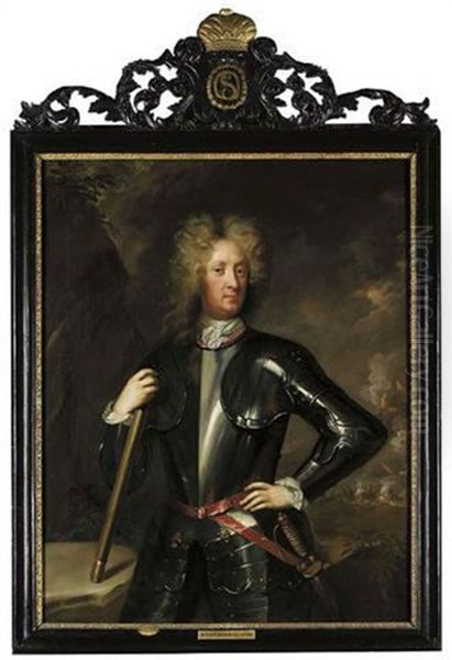 Portrait Of The Duke Of Schomberg In Armour, Holding A Baton In His Right Hand, In A Landscape, A Battle Beyond Oil Painting by Michael Dahl