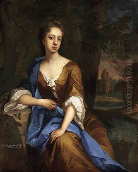 Portrait Of Dorothy Brudenell, Countess Of Westmorland, Seated In An Ochre Dress With A Blue Wrap, In An Extensive Wooded Landscape Oil Painting by Michael Dahl