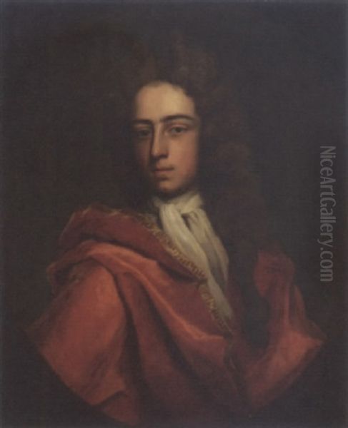 Portrait Of A Gentleman (sir Henry Temple?) In A White Cravatte And A Red Coat Oil Painting by Michael Dahl