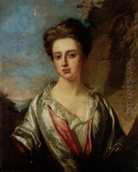 Portrait Of A Lady Wearing A White Silk Dress With A Landscape Beyond Oil Painting by Michael Dahl