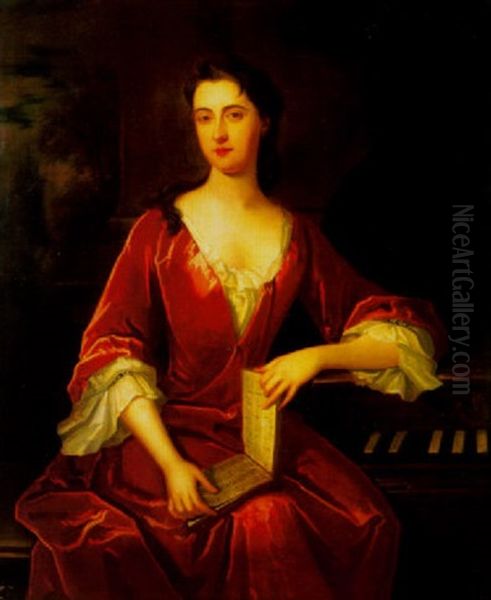 Portrait Of A Lady (mrs. Henry Fane?) Sitting By A Piano, Wearing A Red Dress, Holding A Music Book Oil Painting by Michael Dahl