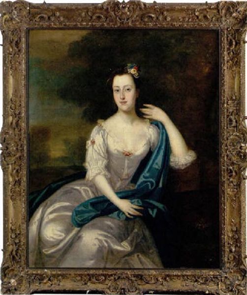 Portrait Of A Lady In A White Dress With A Blue Wrap, Flowers In Her Hair, In A Landscape Oil Painting by Michael Dahl