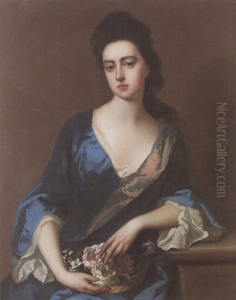 Portrait Of Lady Mary Somerset, The Duchess Of Ormond, Wearing A Blue Dress, Holding A Basket Of Flowers Oil Painting by Michael Dahl