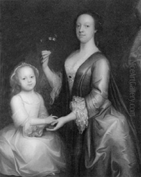 Portrait Of A Lady Wearing A Blue Dress And Holding A Sprig Of Jasmine, With Her Daughter Seated Beside Her Oil Painting by Michael Dahl