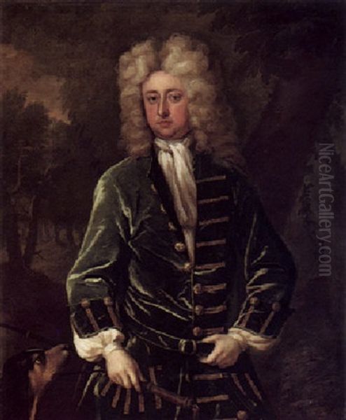 Portrait Of Sir Charles Shuckburgh Wearing A Green Coat, His Dog By His Side Oil Painting by Michael Dahl