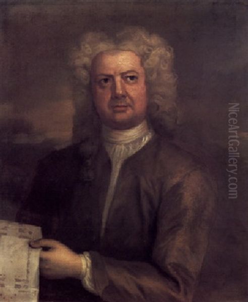 Portrait Of James Gibbs Wearing A Brown Coat, Holding An Architectural Plan Oil Painting by Michael Dahl