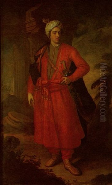 Portrait Of William O'brien, 2nd Lord Inchiquin Standing In A Landscape By A Classical Column Wearing Red Oriental Dress, Holding His Sword, And Wearing A Turban Oil Painting by Michael Dahl