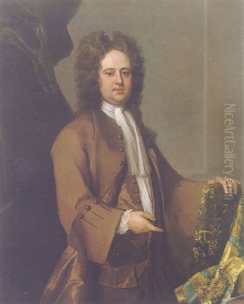 Portrait Of A Gentleman Wearing A Brown Coat, With A Blue Silk Brocade Oil Painting by Michael Dahl