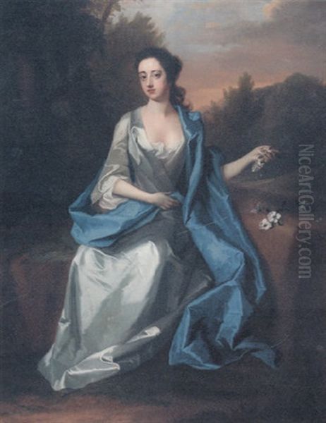 Portrait Of A Lady (elizabeth, Duchess Of Beaufort?), Wearing A White Satin Dress With Blue Wrap Oil Painting by Michael Dahl