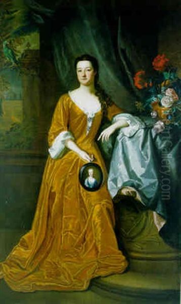 Portrait Of A Lady, Standing, By A Column With A Vase Of Flowers, Holding A Portrait Miniature, A Curtain, Country House And Garden Beyond Oil Painting by Michael Dahl