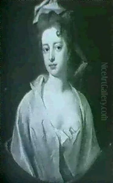 Portrait Of Katherine Bristow, Half-length Wearing A Pink   And Blue Dress Oil Painting by Michael Dahl