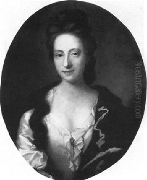 Portrait Of Mrs. Hippesley, Half Length In A White Dress    With A Blue Wrap Oil Painting by Michael Dahl