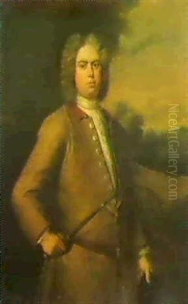 Portrait Of John Sutton, Threequarter Length, In A Buff Coatand White Stock, Holding A Crop And A Riding Hat Oil Painting by Michael Dahl