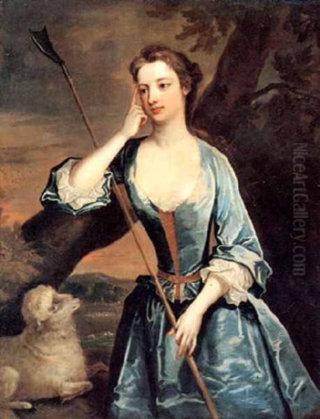 Portrait Of A Lady As A Shepherdess, Three-quarter Length   Leaning Against A Tree In A Landscape Oil Painting by Michael Dahl