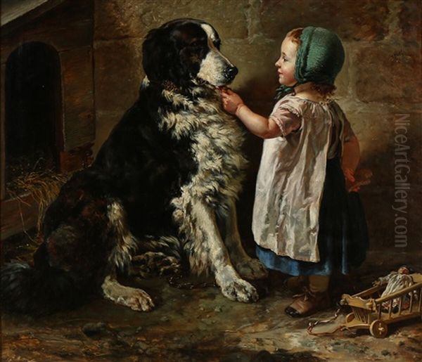 A Little Girl Feeding A Border Collie Oil Painting by Siegwald Johannes Dahl