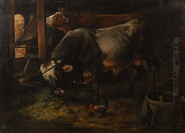 Grauer Bulle Und Kuh Im Stall Oil Painting by Siegwald Johannes Dahl