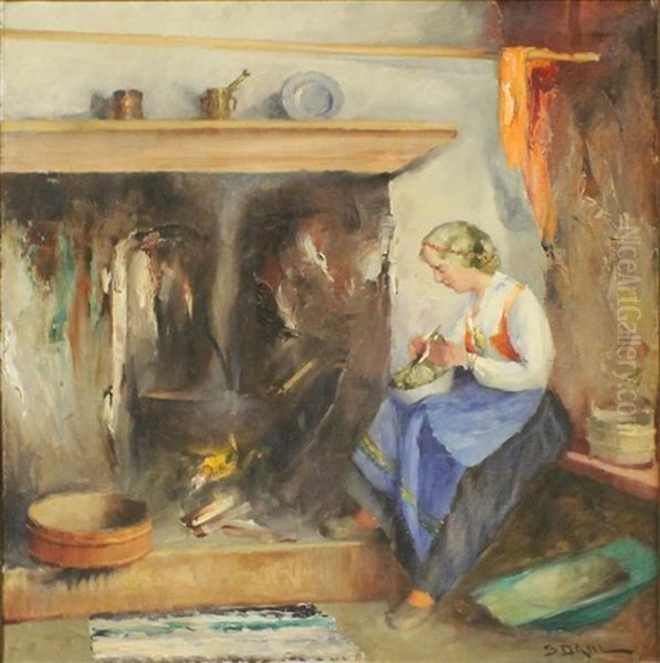 Woman Peeling Potatoes Sitting By Fireplace Oil Painting by Siegwald Johannes Dahl