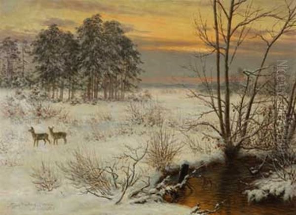 Abend Uber Winterlicher Landschaft Mit Rehwild Oil Painting by Siegwald Johannes Dahl