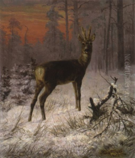 Rehbock In Winterlicher Waldlandschaft by Siegwald Johannes Dahl