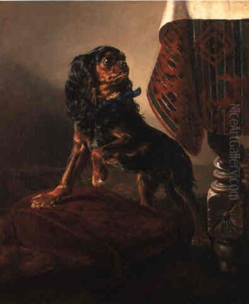 A Black And Tan Cavalier King Charles Spaniel By A Draped Table Oil Painting by Siegwald Johannes Dahl