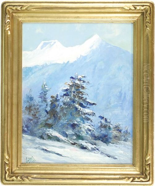 Mountain Landscape With Conifers In Winter Oil Painting by Jules B. Dahlager