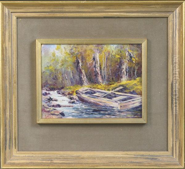 An Autumn Landscape With Rowboat Beached In Narrowing Stream Oil Painting by Jules B. Dahlager