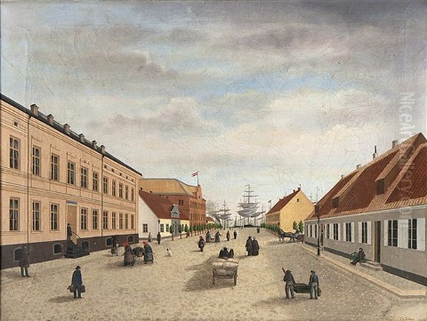 Ystad Med Hamngatans Sodra Del Och Hotel Du Sud, I Fonden Segelfartyg Vid Gamla Skeppsbron Oil Painting by Carl Conrad Dahlberg