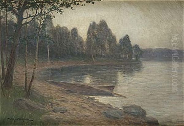 Roddbat I Stilla Vik Oil Painting by Vilhelm Dahlbom