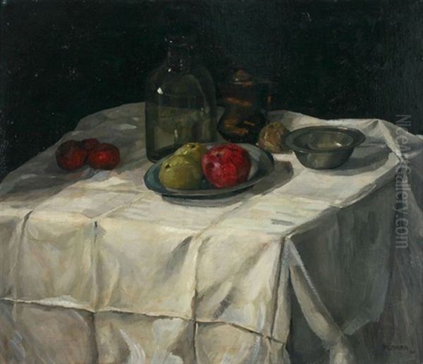 Stilleben Mit Obst Und Gefasen Auf Gedecktem Tisch Oil Painting by Paul Dahlen