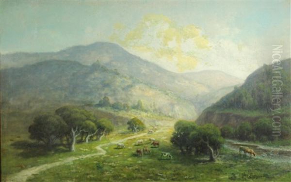 Cows Grazing With Mount Tamalpais Beyond Oil Painting by Carl Christian Dahlgren