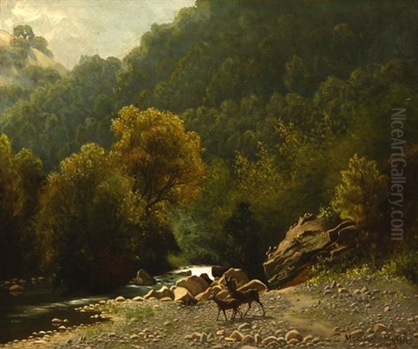 Deer Stream Oil Painting by Marius Dahlgren