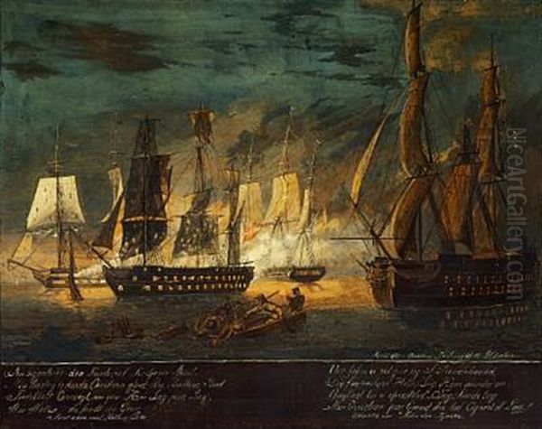 Scenes From The Battle Between Denmark And Britain Near Sjaellands Odde (2 Works) Oil Painting by H.P.C. Dahm