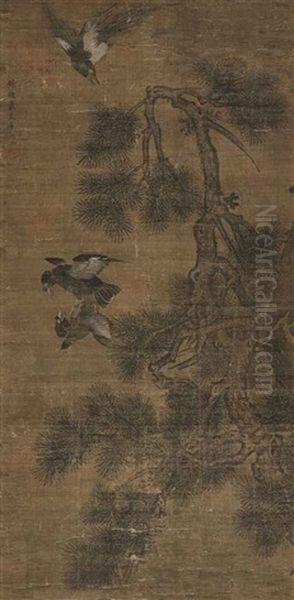 Birds And Pine Tree Oil Painting by  Dai Jin