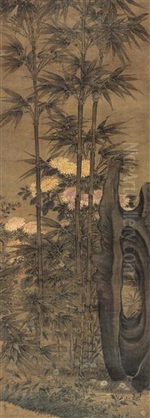 Bamboo, Chrysanthmum And Rocks Oil Painting by  Dai Jin