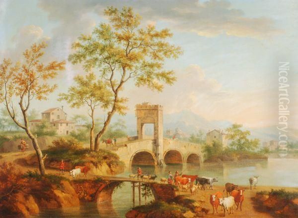 Drovers And Cattle Crossing A Bridge With A Town Beyond Oil Painting by Hendrik van Anthonissen