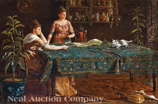 Sisters And Their Kitten In A Parlor Oil Painting by Elliot Daingerfield