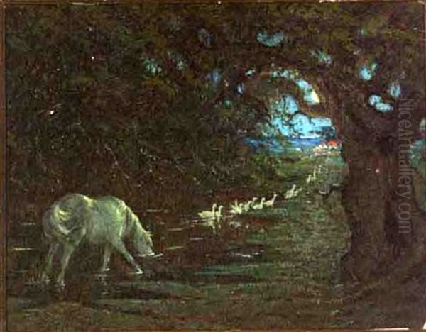 Moonlit Marsh Landscape With A Thirsty Horse Oil Painting by Elliot Daingerfield