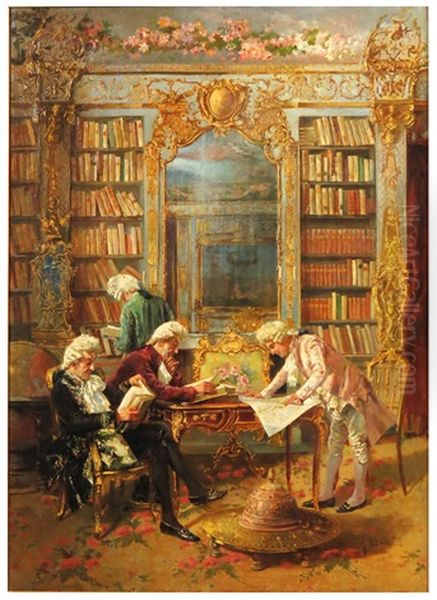 Library Interior With Four Gentlemen Reading Oil Painting by Augusto Daini