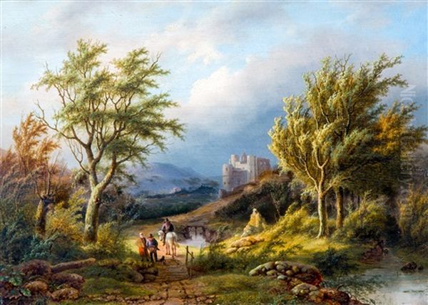 Wooded Landscape With A Castle In The Distance Oil Painting by Alexander Joseph Daiwaille