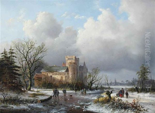 A Winter Landscape With Figures On The Ice Near A Castle by Alexander Joseph Daiwaille