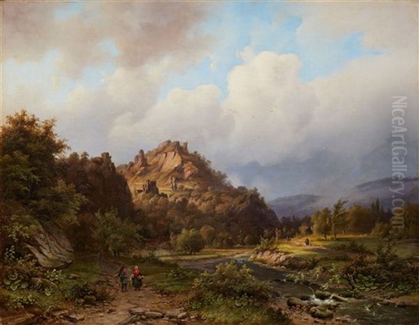 Weite Gebirgslandschaft Mit Fluss Und Staffagefiguren Oil Painting by Alexander Joseph Daiwaille