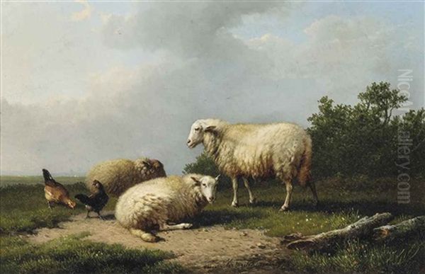 Sheep And Chicken In A Field Oil Painting by Alexander Joseph Daiwaille