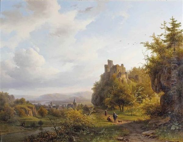 A Rheinish Landscape With A Ruin Oil Painting by Alexander Joseph Daiwaille